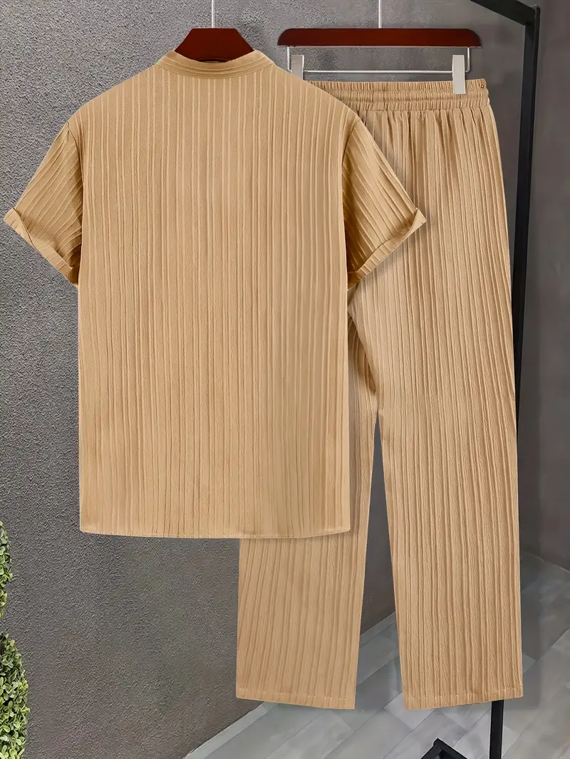 Men's Set | Modern & Stylish | Textured Wavy Stripes | Short Sleeves & Long Pants