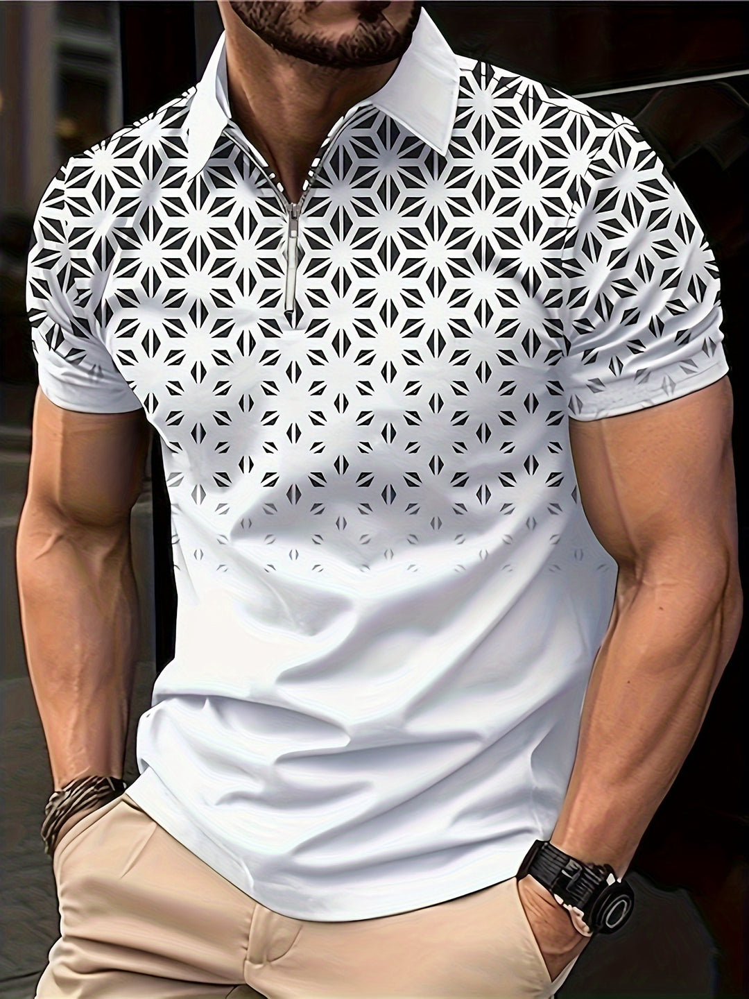 Men's Shirt | Geometric Pattern | Comfortable & Versatile | Zip Short Sleeve