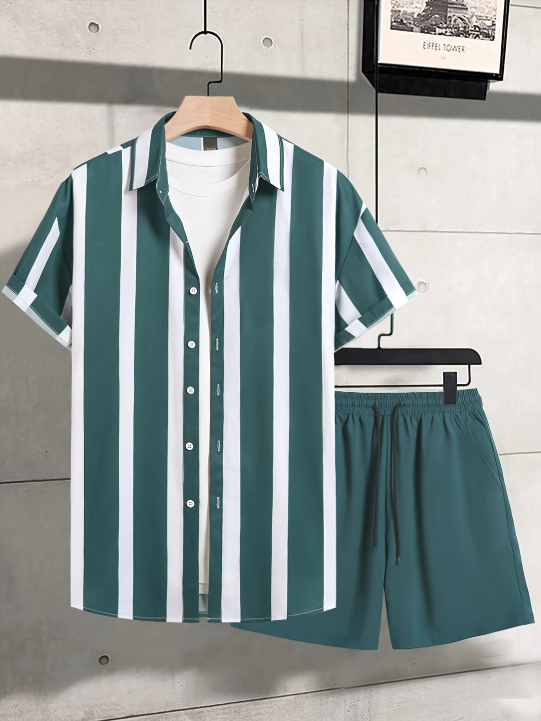 Men's Summer Set | Striped Print | Short-Sleeve Shirt & Short | 2-Piece Polyester