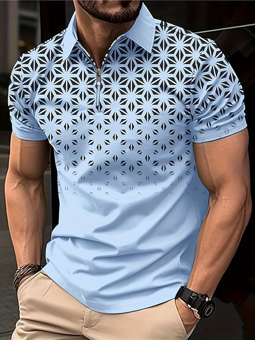 Men's Shirt | Geometric Pattern | Comfortable & Versatile | Zip Short Sleeve