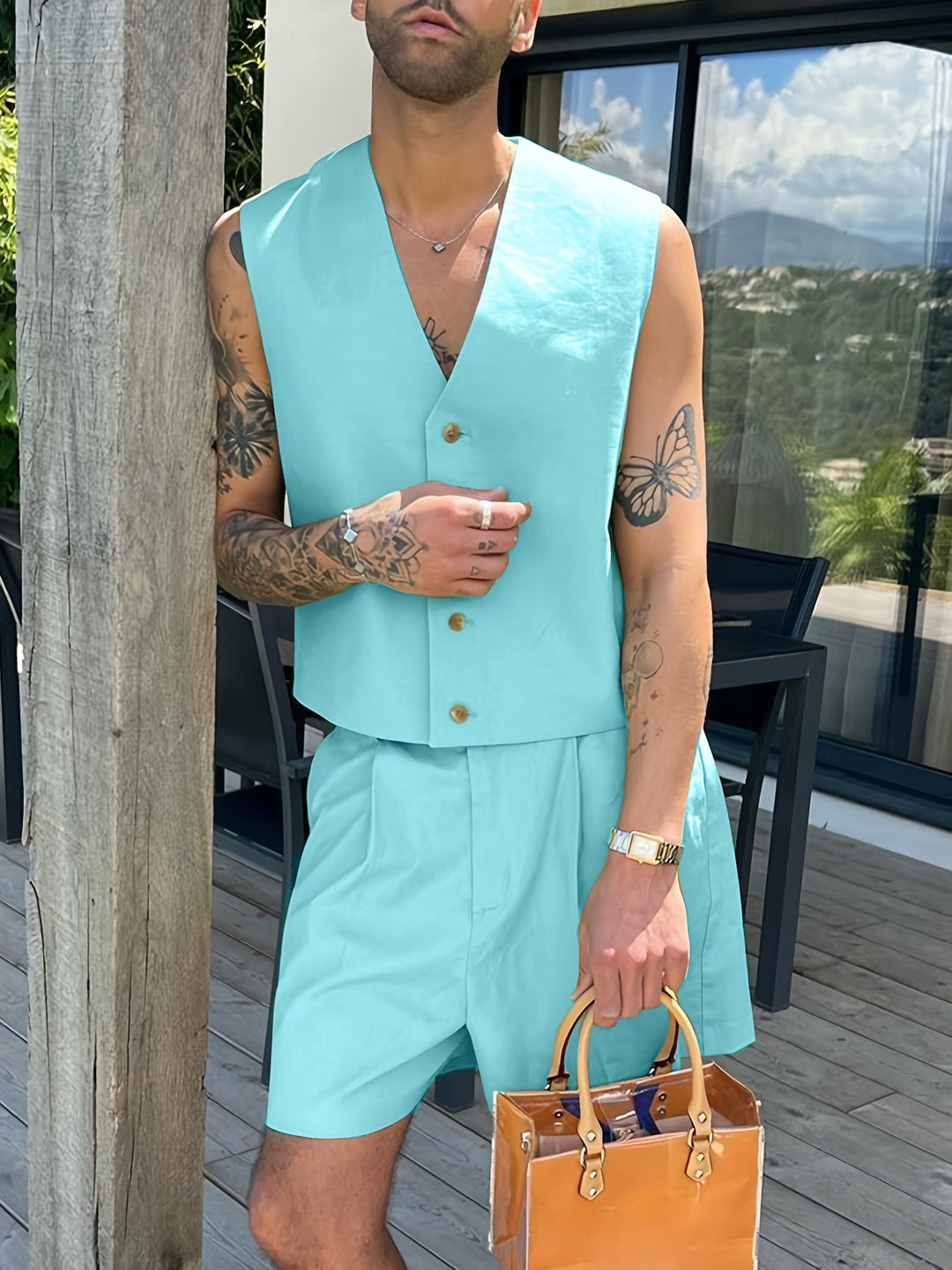 Men's Set | Sleeveless V-Neck Vest & Zip Shorts | Single-Row Design & Knotted Waist | Summer Style