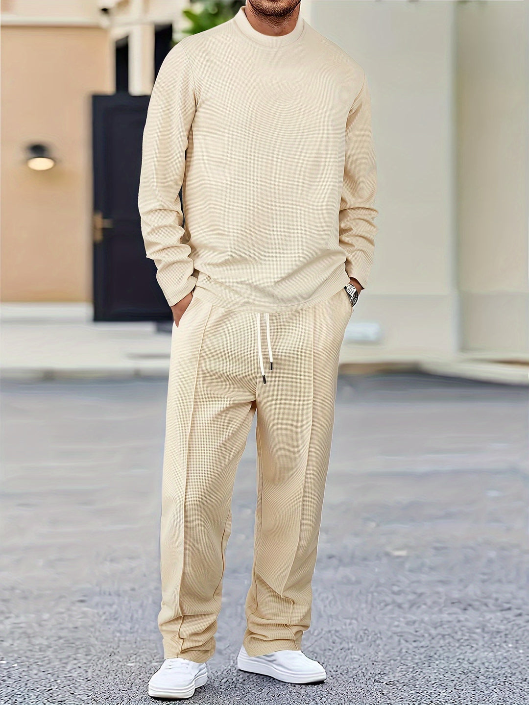 Men's Two-piece Set | Waffle Pattern Sweatshirt & Pants | Casual & Comfortable