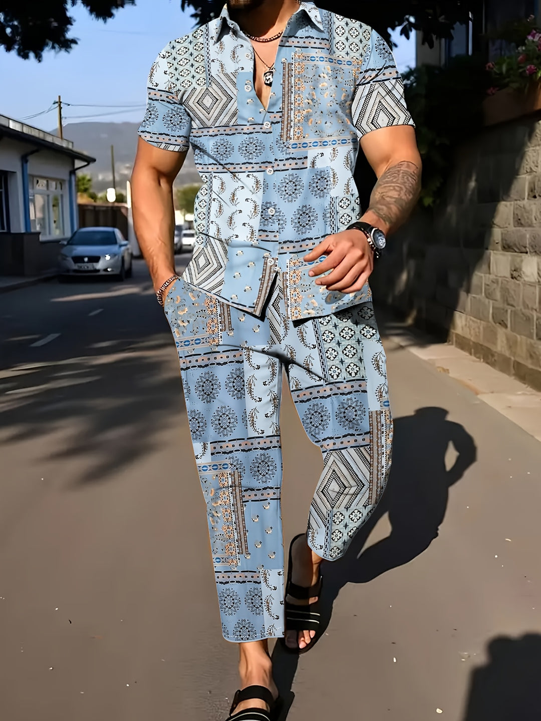 Men's Set | Geometric Pattern 2-Piece Set | Short-Sleeve Shirt & Pants for Summer