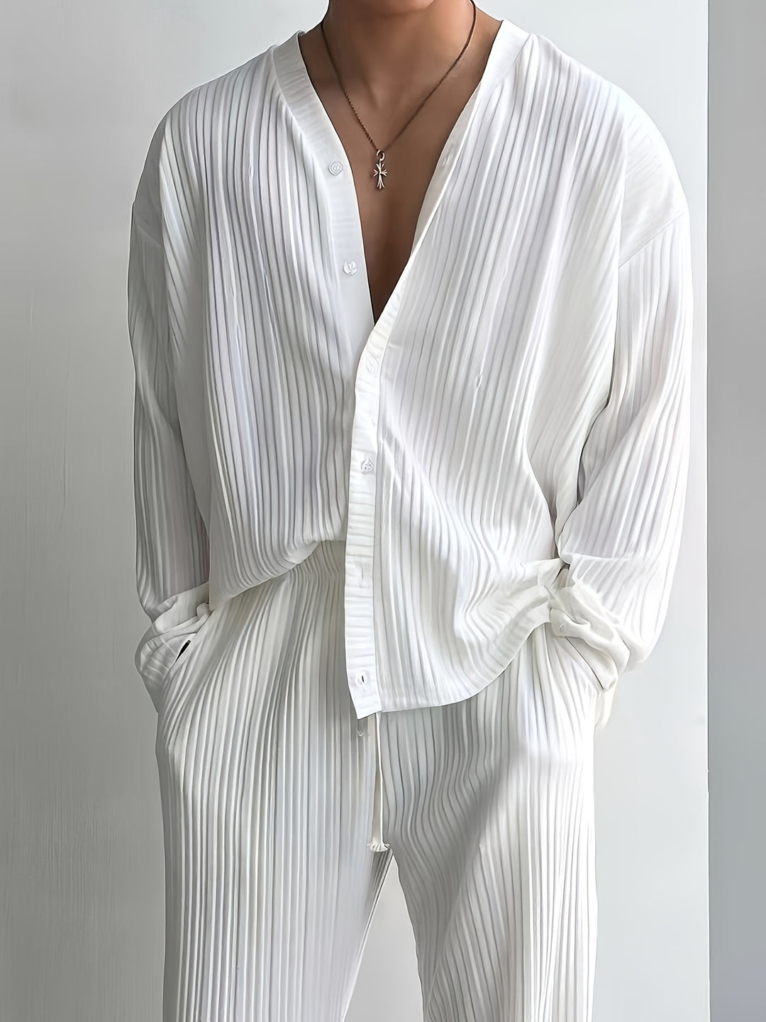 Men's Beach Set | Elegant & Casual | V-Neck & Buttons | Two-piece Outfit
