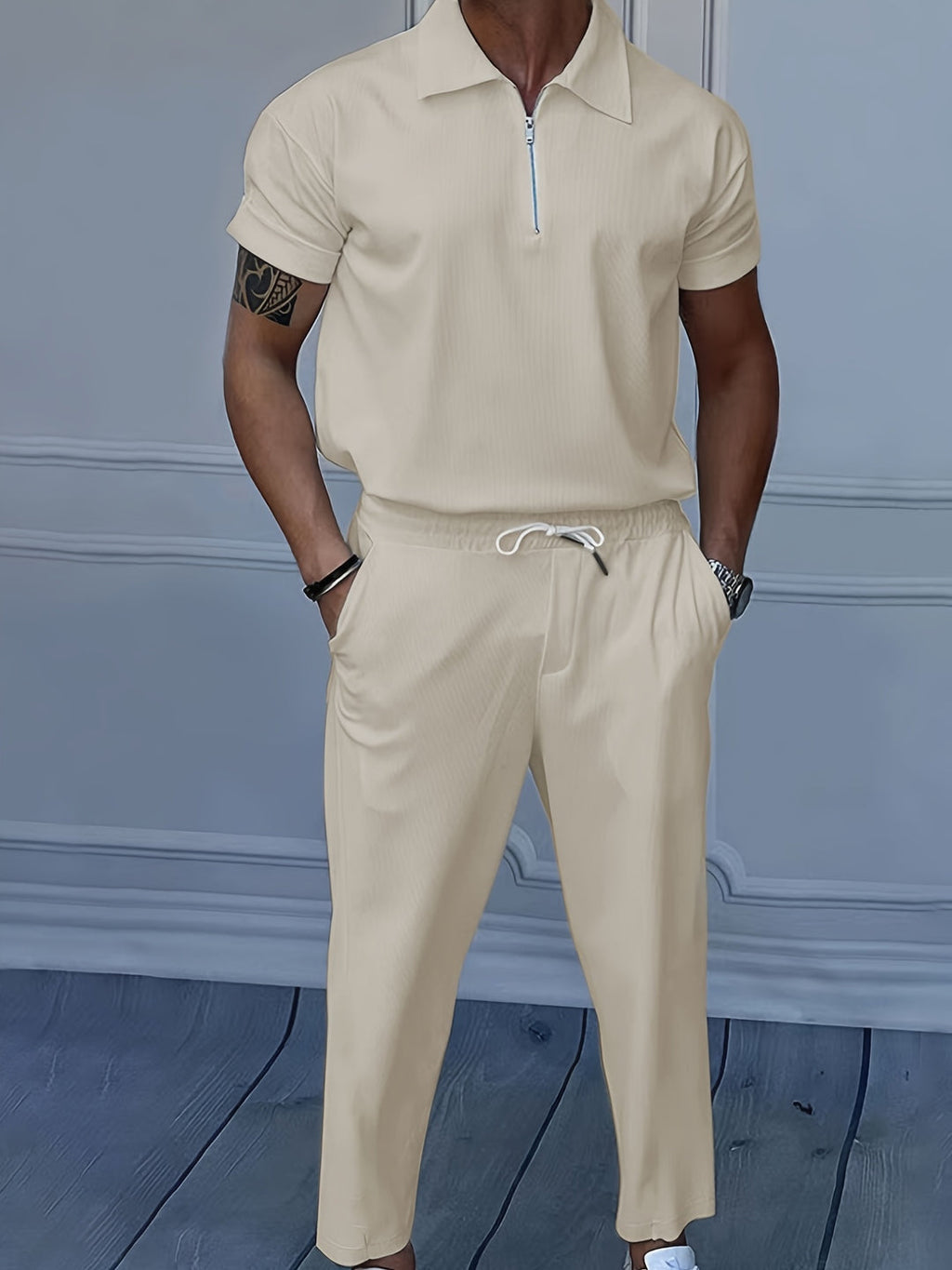 Men's Two-piece Suit | Lapel Collar & Zip Detail | Light Stretch & Comfortable | Summer