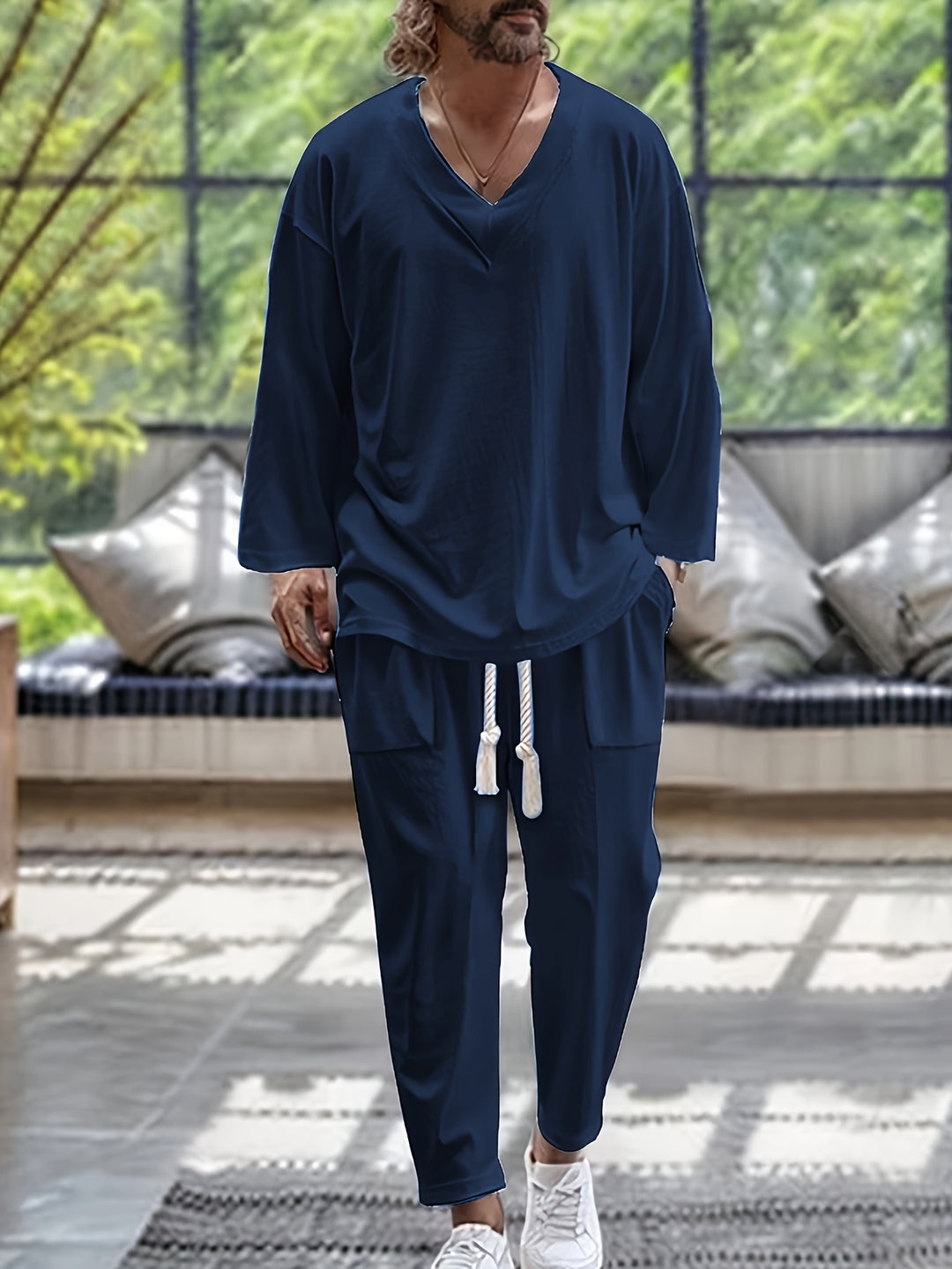 Men's Two-piece Set | V-Neck & Loose Fit | Breathable Cotton | Spring & Autumn