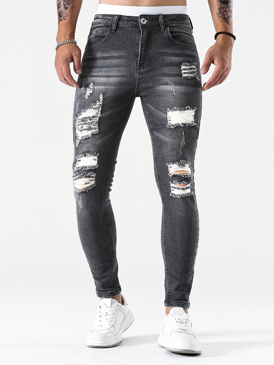 Men's Slim Fit Jeans | Distressed & Washed | Medium Stretch | Denim