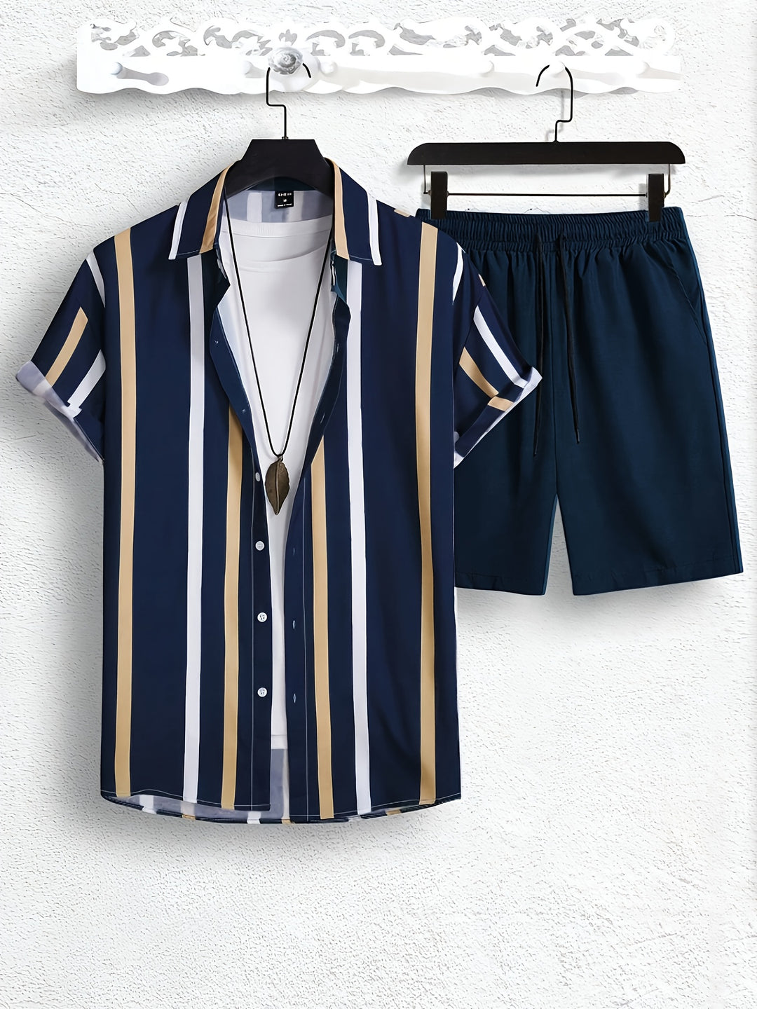 Men's Summer Set | Striped Print | Short-Sleeve Shirt & Short | 2-Piece Polyester