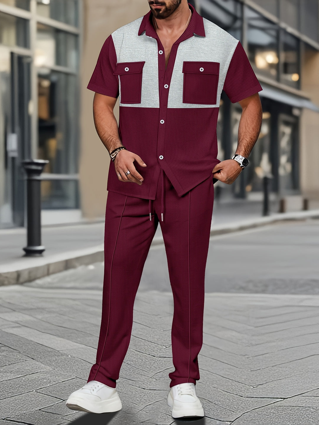 Summer Set | Two-piece Men's Set | Waffle Fabric | Casual Shirt & Pants Suit