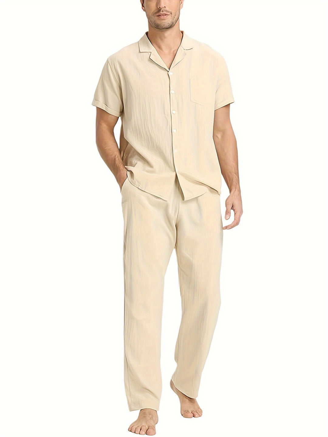 Men's Summer Set | Linen-Cotton | Cuban Neck & Short Sleeves | Beach & Casual