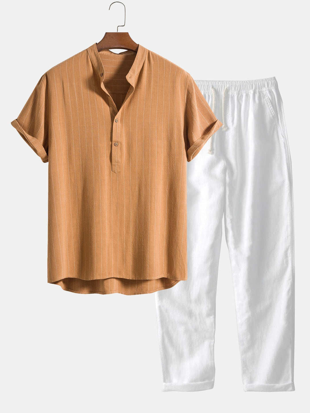 Men's Summer Set | Short-sleeved Shirt & Trousers | Classic & Casual with Stand-up Collar
