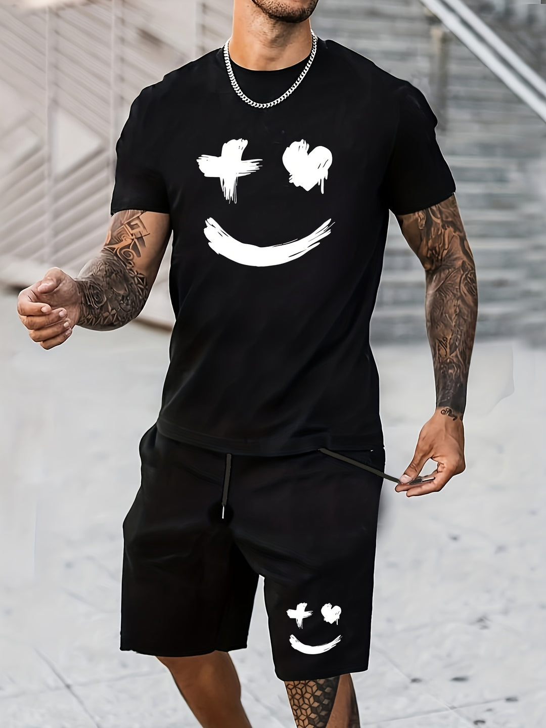 Men's Summer Set | Big Smile Print | T-shirt & Drawstring Shorts | Casual & Trendy