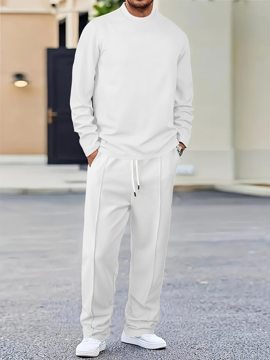 Men's Two-piece Set | Waffle Pattern Sweatshirt & Pants | Casual & Comfortable