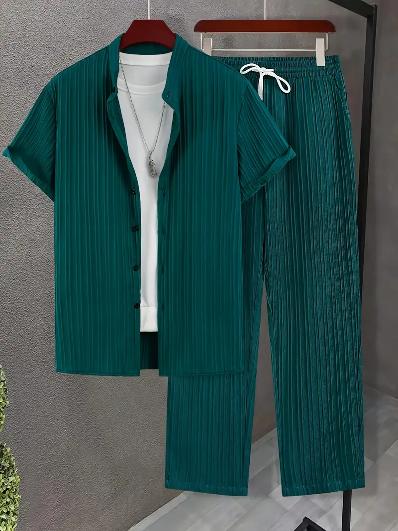 Men's Set | Modern & Stylish | Textured Wavy Stripes | Short Sleeves & Long Pants