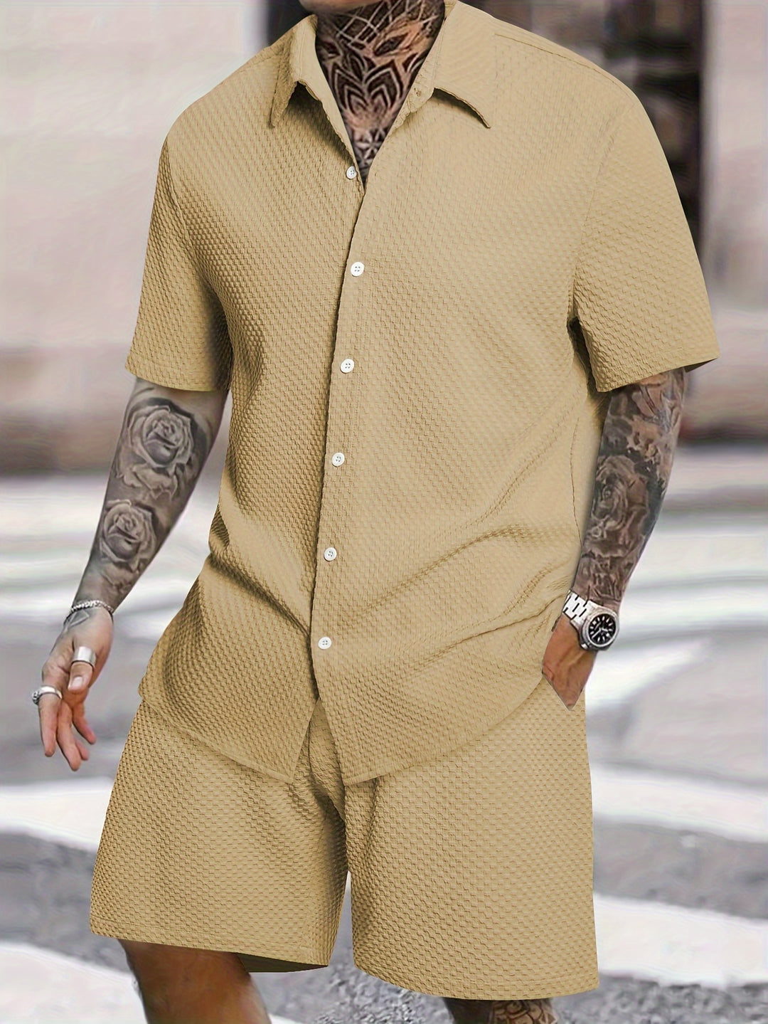 Men's Summer Set | Reverse Shirt & Drawstring Shorts | Solid Colour | Casual
