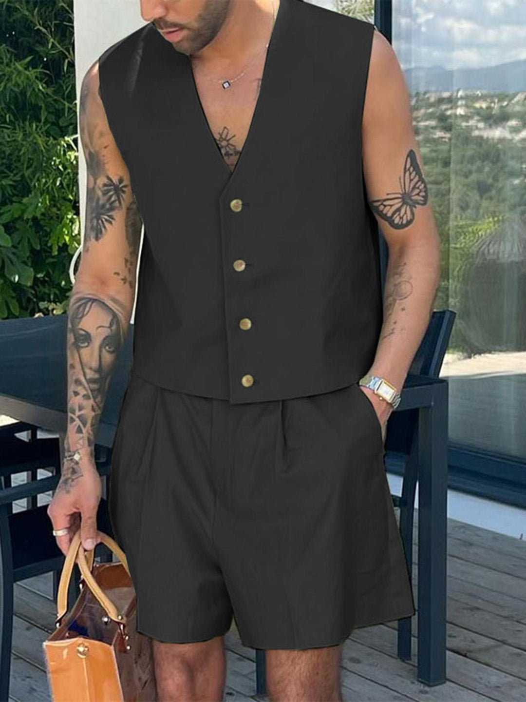 Men's Set | Sleeveless V-Neck Vest & Zip Shorts | Single-Row Design & Knotted Waist | Summer Style