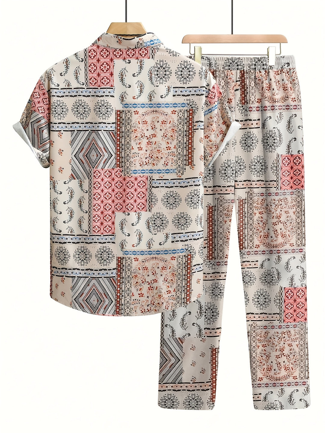 Men's Set | Geometric Pattern 2-Piece Set | Short-Sleeve Shirt & Pants for Summer