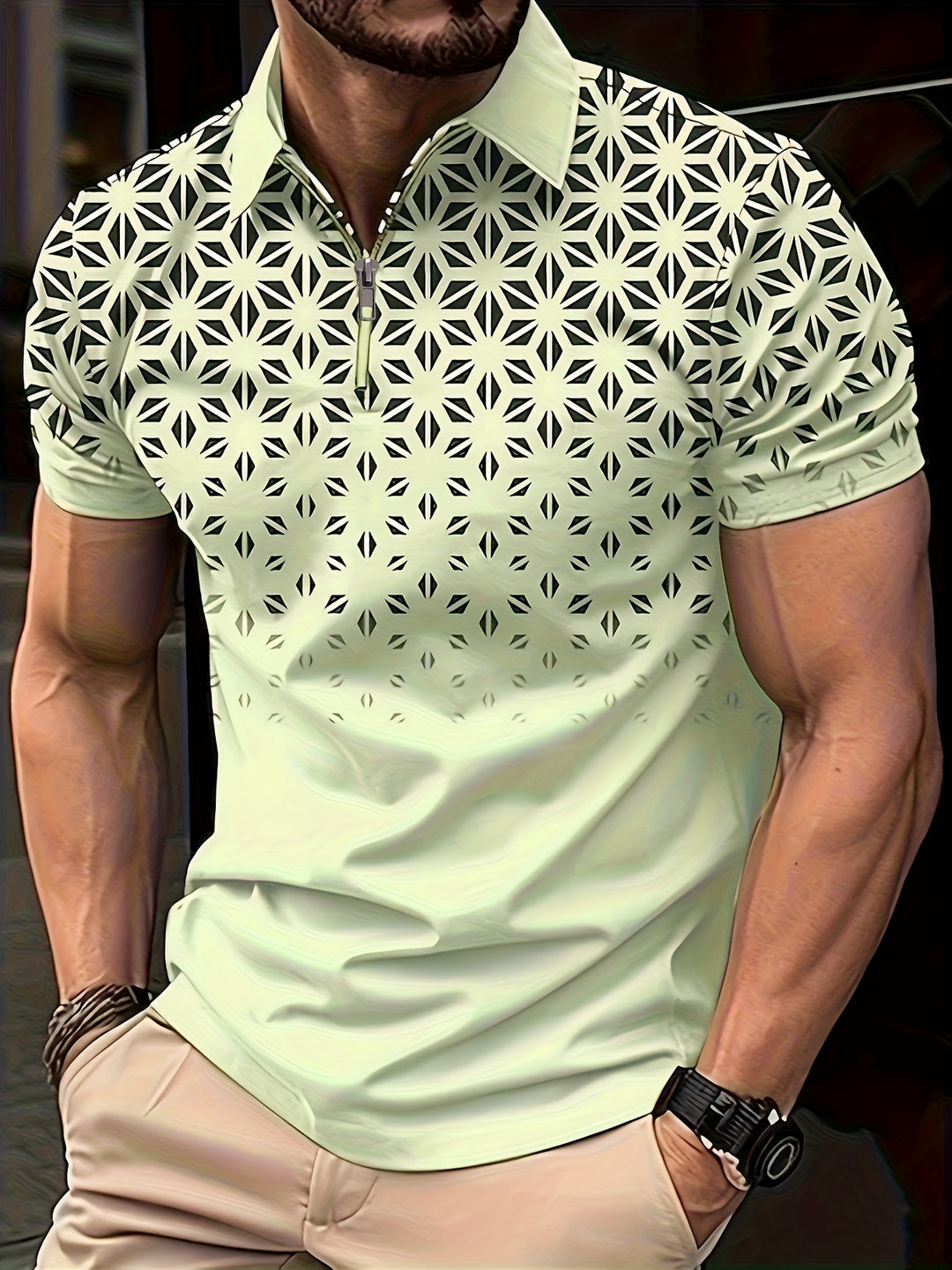 Men's Shirt | Geometric Pattern | Comfortable & Versatile | Zip Short Sleeve