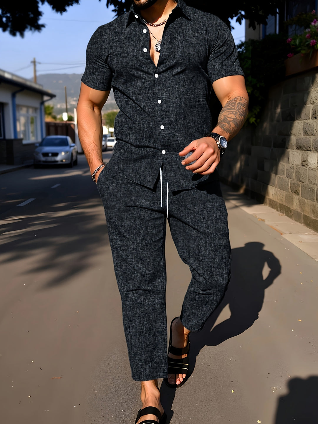 Men's Set | Solid Colour Shirt with Revers & Long Pants | Summer Casual Outfit