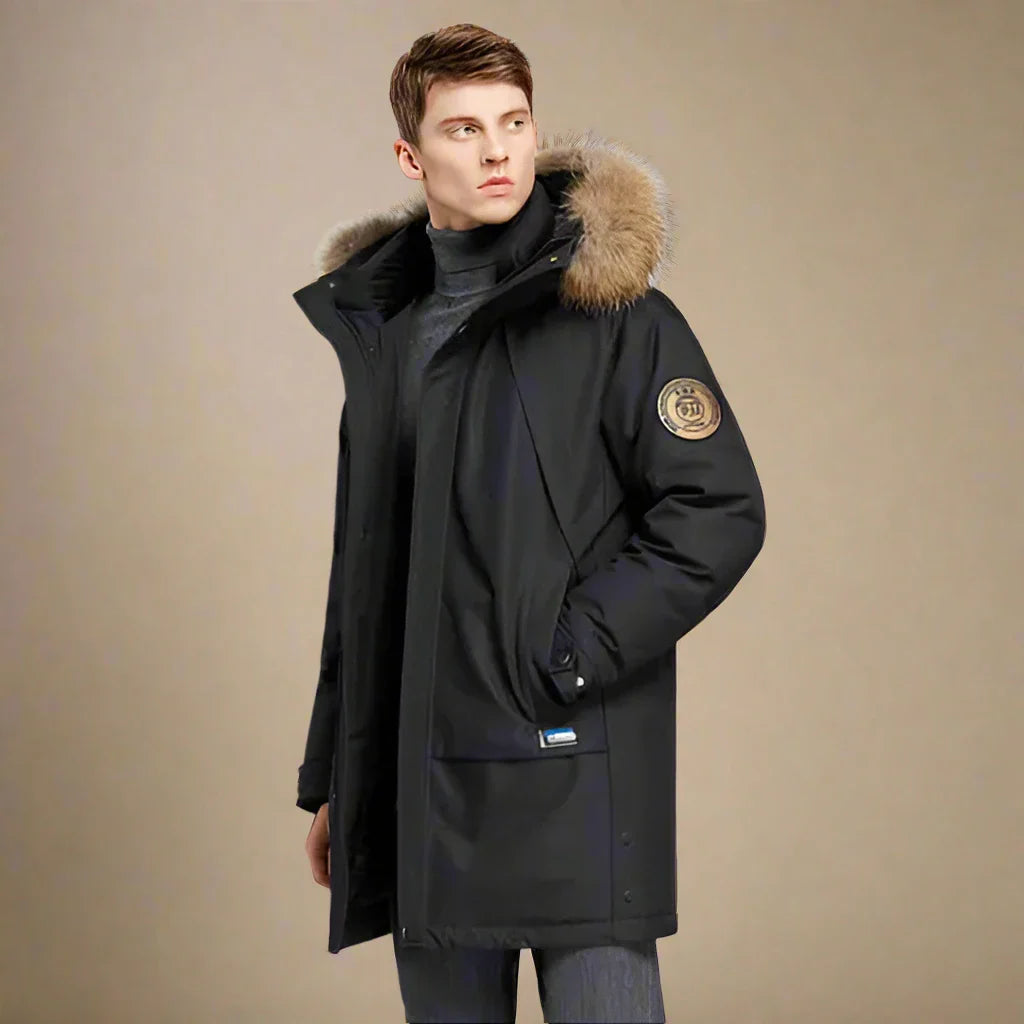 Elegant and Casual Long Waterproof Winter Coat for Men with Fur Collar | Nathan