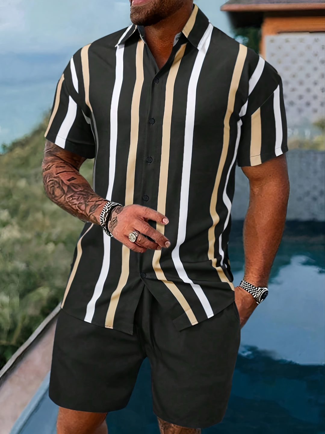 Men's Summer Set | Striped Print | Short-Sleeve Shirt & Short | 2-Piece Polyester