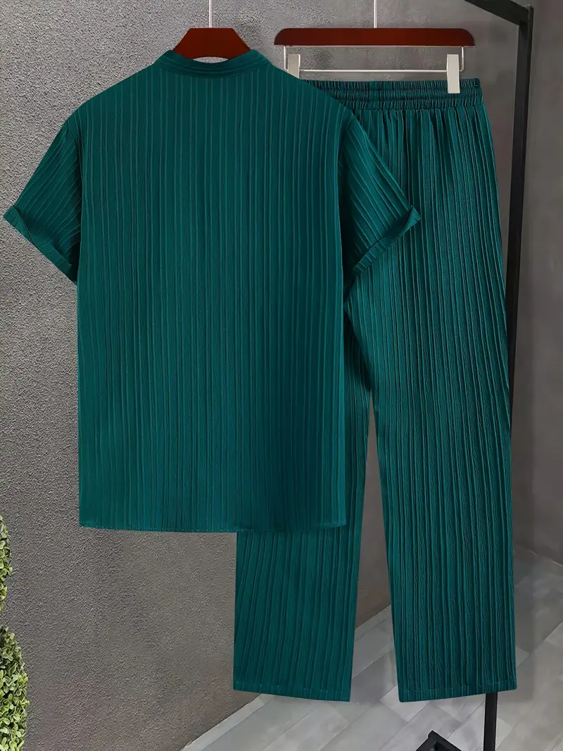 Men's Set | Modern & Stylish | Textured Wavy Stripes | Short Sleeves & Long Pants