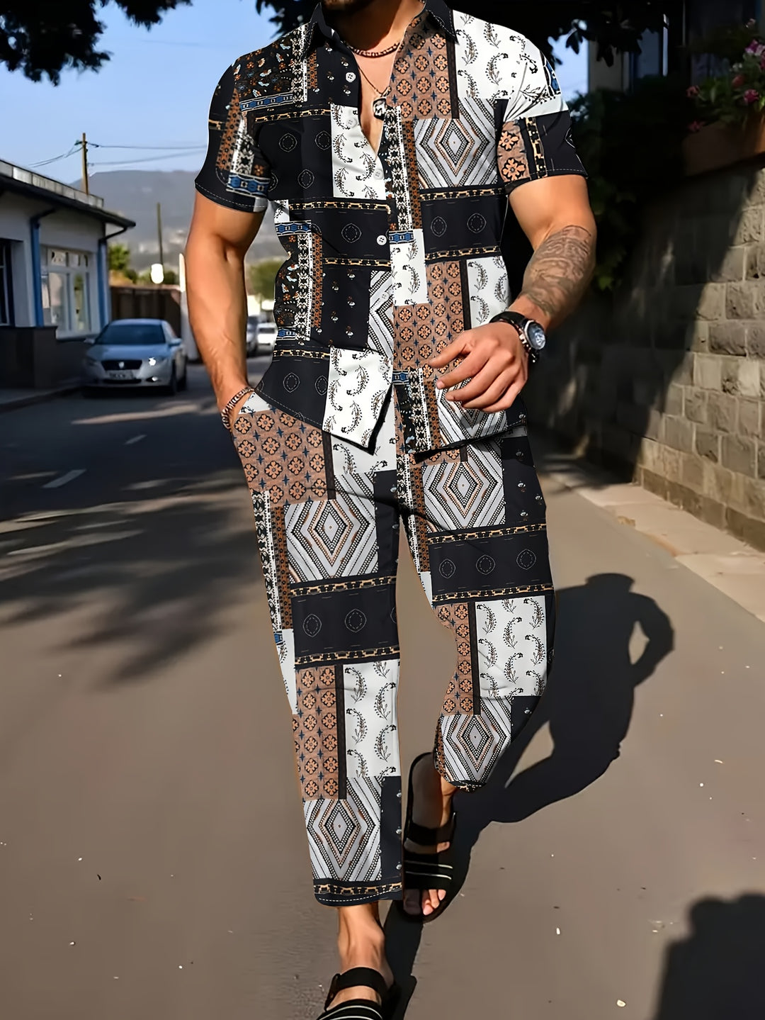 Men's Set | Geometric Pattern 2-Piece Set | Short-Sleeve Shirt & Pants for Summer