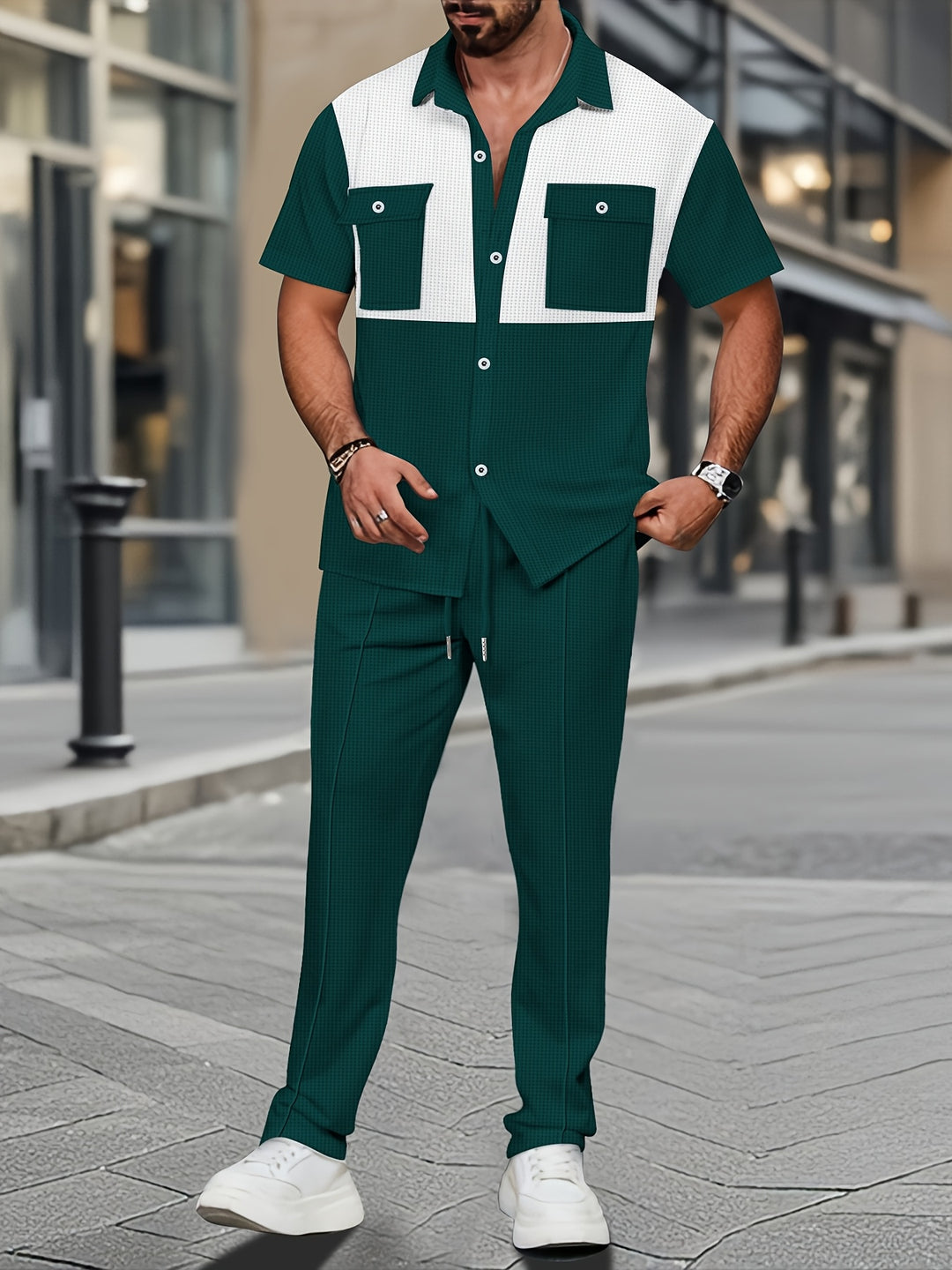 Summer Set | Two-piece Men's Set | Waffle Fabric | Casual Shirt & Pants Suit