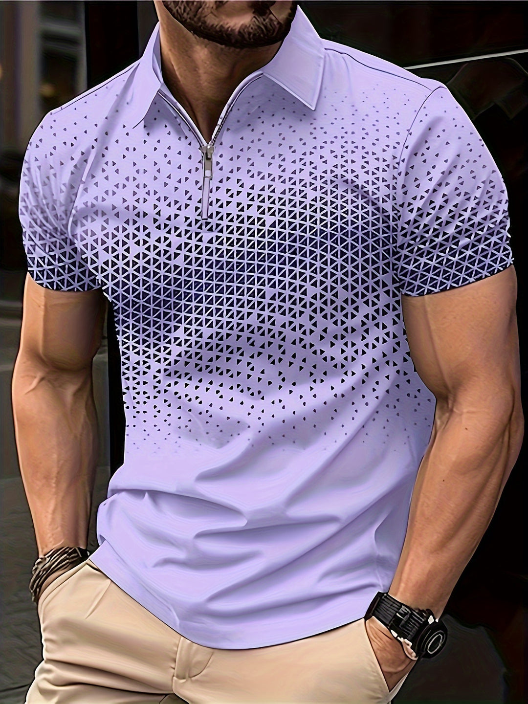 Men's Shirt | Geometric Pattern | Comfortable & Versatile | Zip Short Sleeve