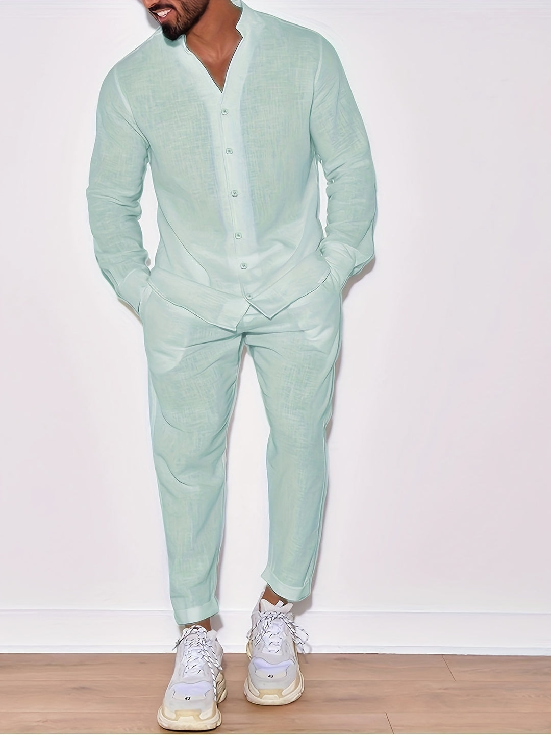 Men's Cotton-Linen Set | Long sleeves & Unique collar design | Breathable & Lightweight