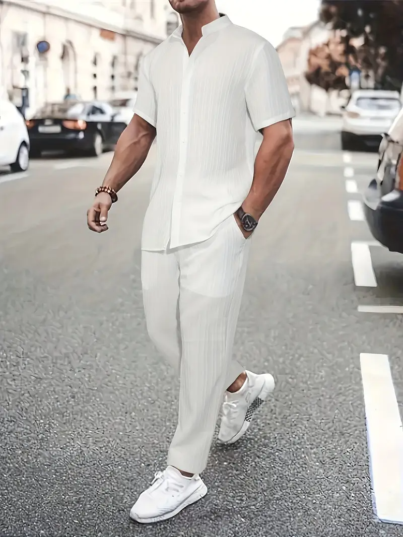 Men's Set | Modern & Stylish | Textured Wavy Stripes | Short Sleeves & Long Pants