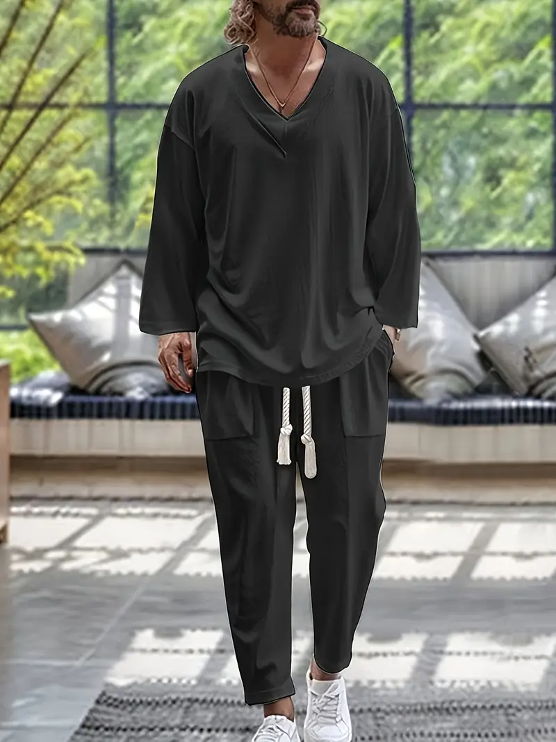 Men's Two-piece Set | V-Neck & Loose Fit | Breathable Cotton | Spring & Autumn