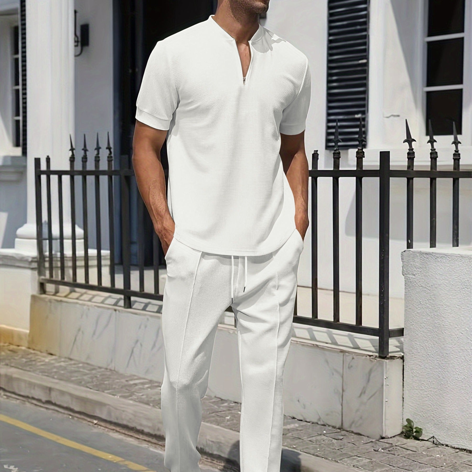 Men's Set | Casual Two-Piece Set | Grey V-neck T-shirt & Pants with Pocket