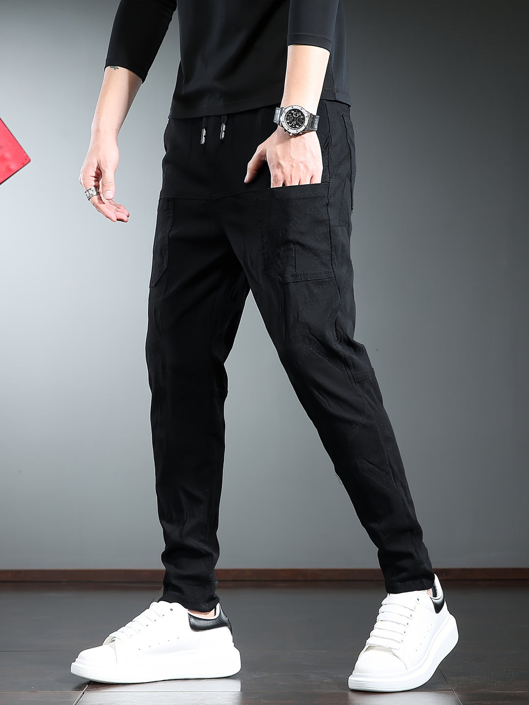 Cargo Trousers Men's | Slim Fit Outdoor Style | Multiple Pockets & Print | Woven Fabric