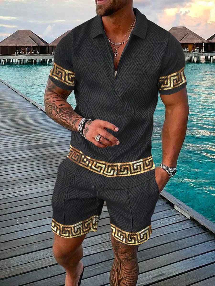 Men's Summer Set | Polo with Zipper & Shorts | Streetwear Style | Polyester