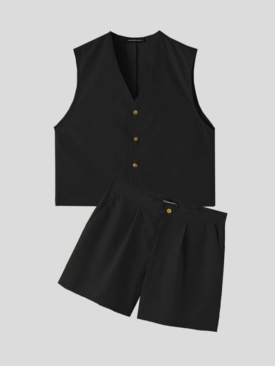 Men's Set | Sleeveless V-Neck Vest & Zip Shorts | Single-Row Design & Knotted Waist | Summer Style