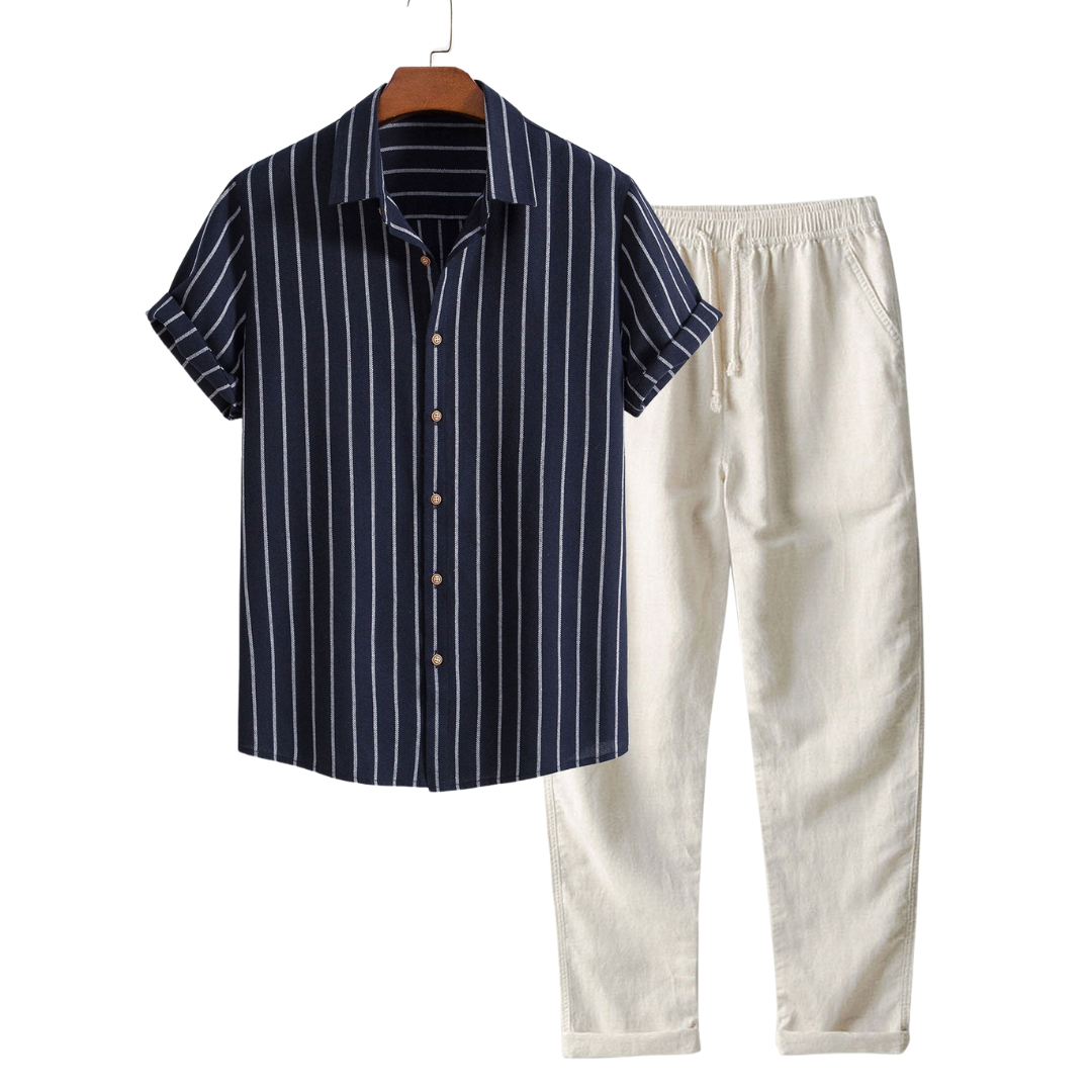 Men's Set | Short-Sleeve Shirt & Pants | Summer Comfort & Versatile | Polyester-Cotton Blend
