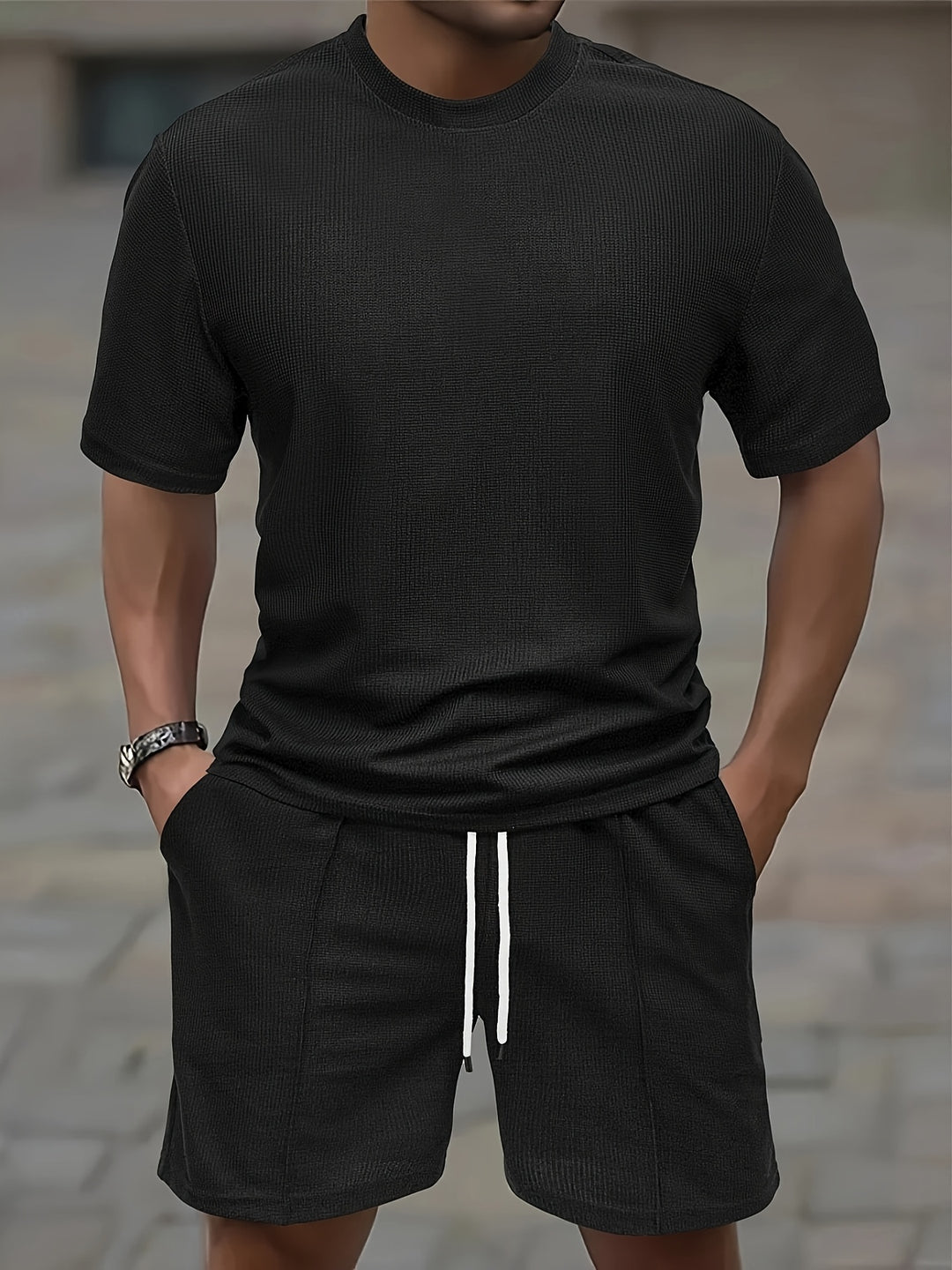 Men's Sports Set | Waffle Knit T-shirt & Drawstring Shorts | Comfortable & Trendy