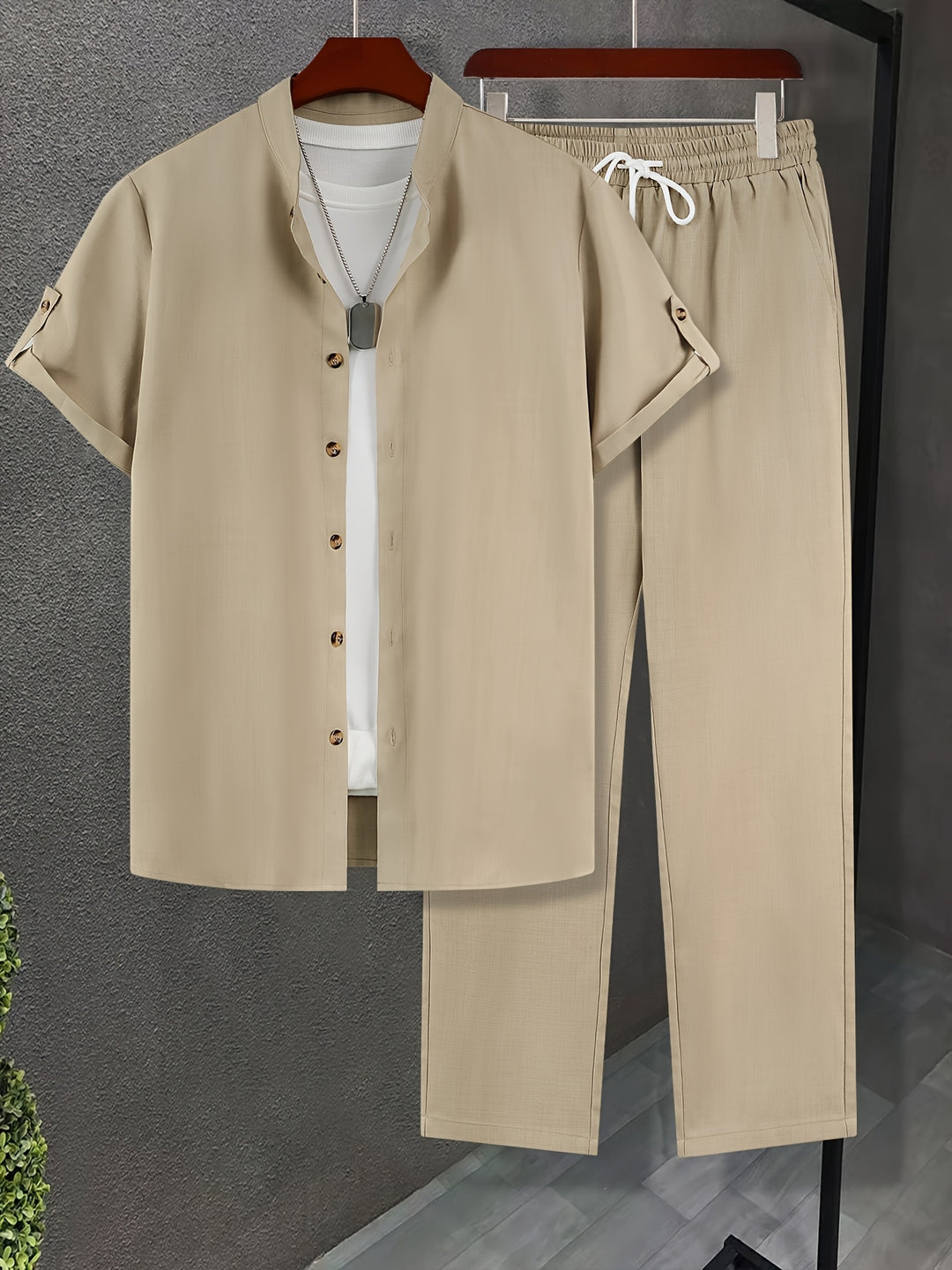 Men's Two-piece Set | Short-sleeve Shirt & Long Pants | Solid Colour & Comfortable