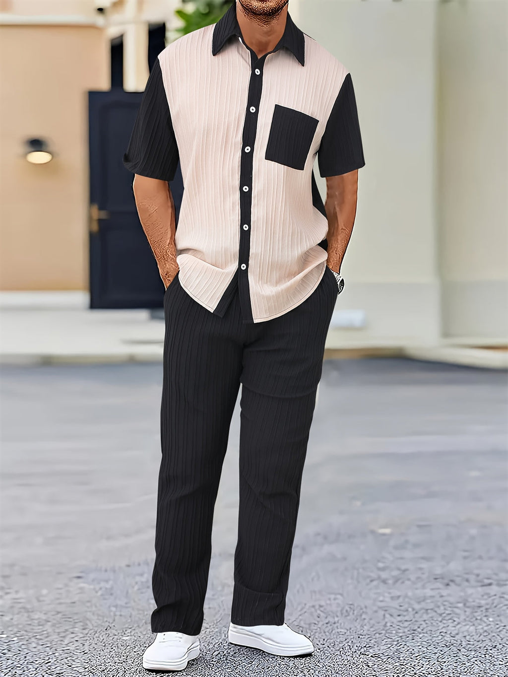 Men's Set | Striped Shirt & Shorts | Golf Pattern & Airy Fabric | Spring/Summer