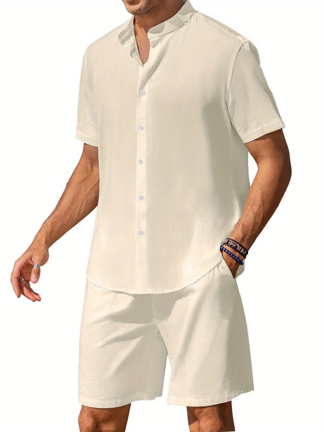 Men's Linen Summer Set | Stand-up Collar Shirt & Shorts | Airy & Stylish