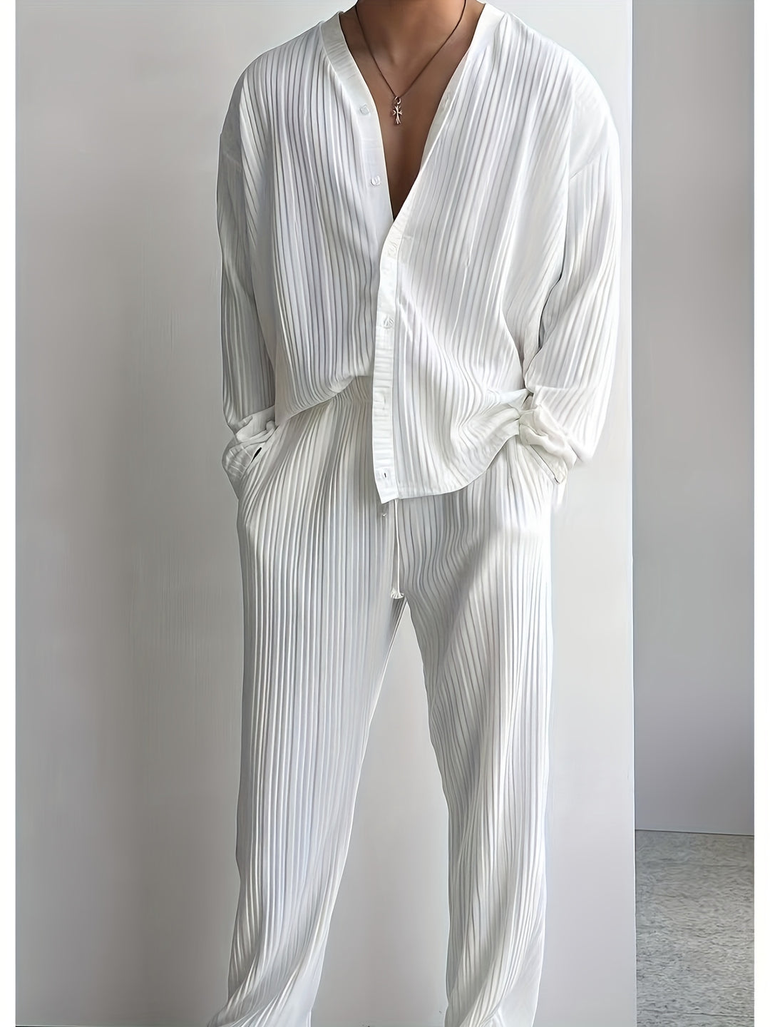 Men's Beach Set | Elegant & Casual | V-Neck & Buttons | Two-piece Outfit