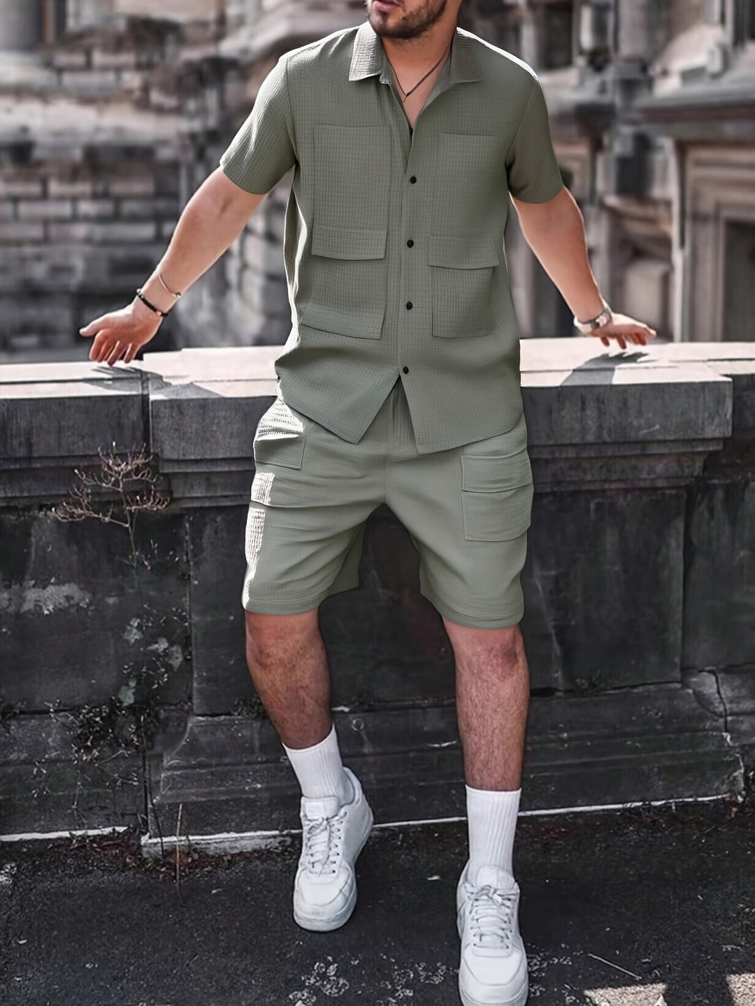 Men's Set | Casual Shirt & Shorts with Side Pockets | Loose Fit & Polyester | Summer