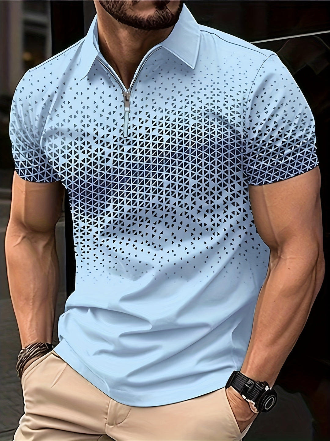 Men's Shirt | Geometric Pattern | Comfortable & Versatile | Zip Short Sleeve