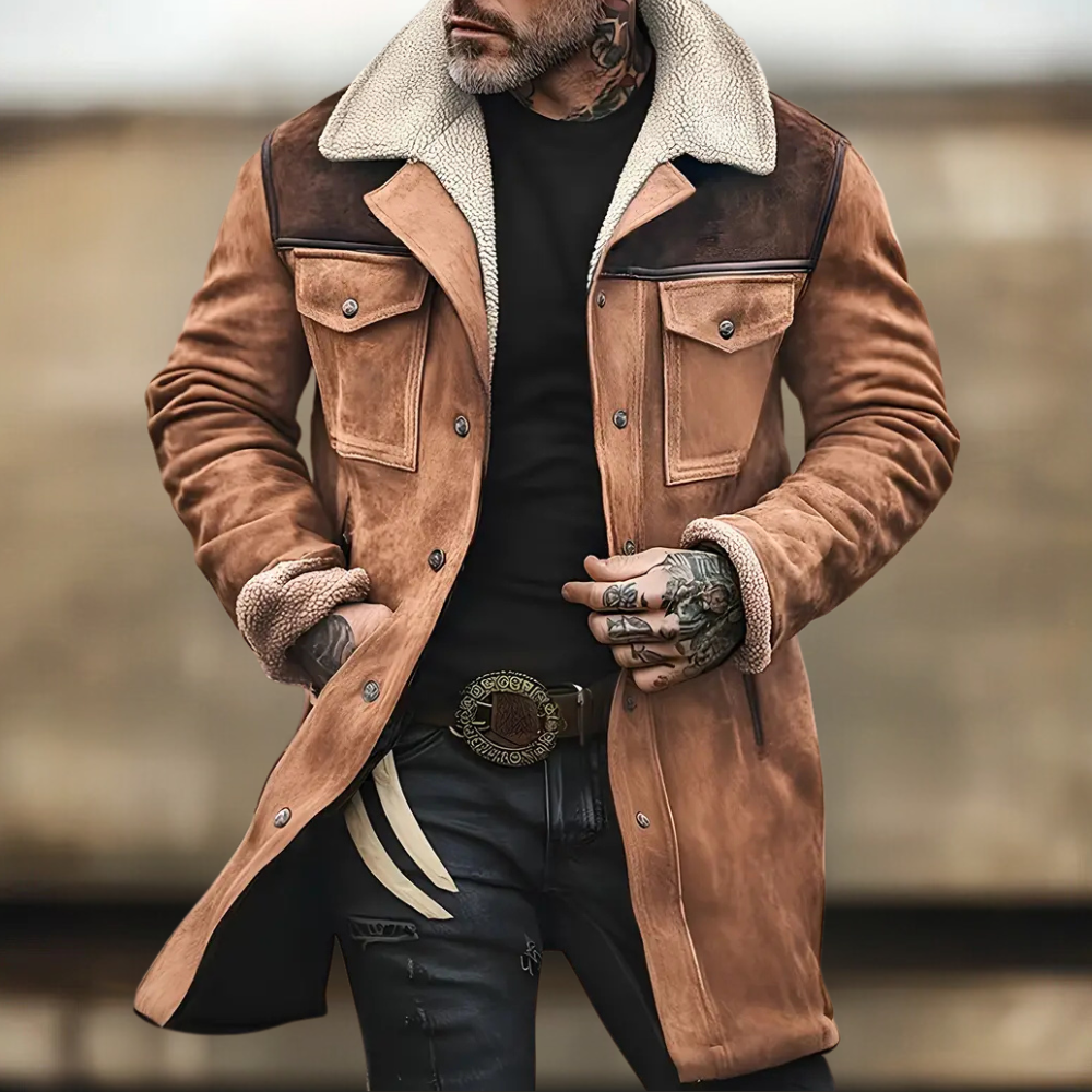 Classic men's wool long coat with patchwork pattern and inverted collar | Jochem