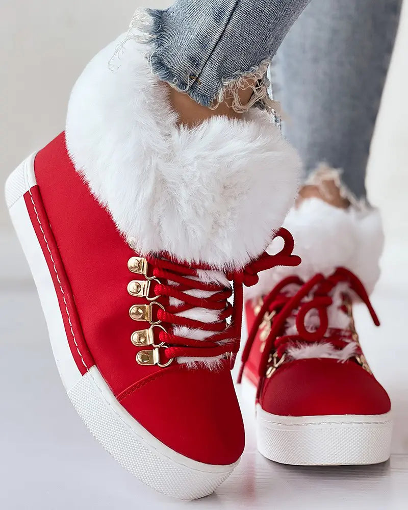 Fuzzy Detail Lined Lace-Up Ankle Boots