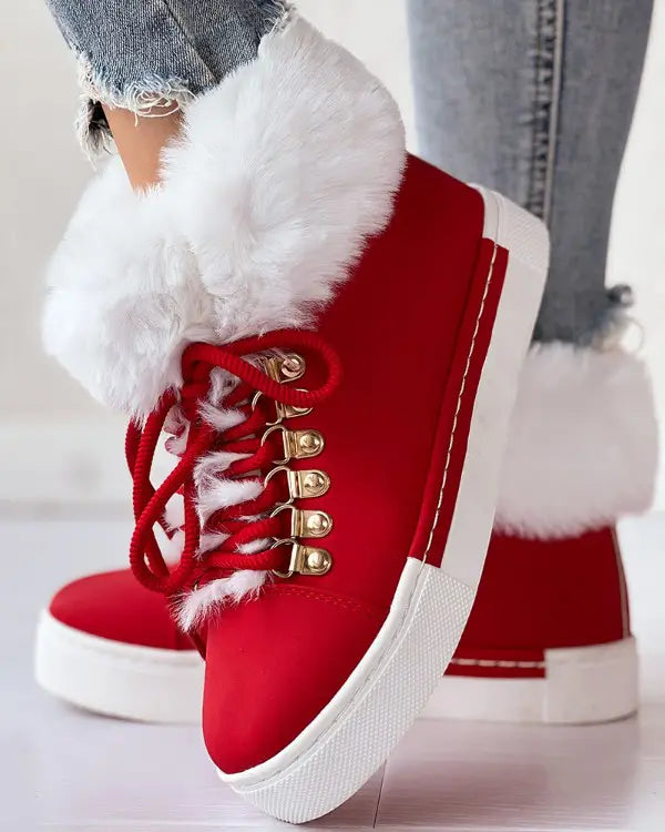 Fuzzy Detail Lined Lace-Up Ankle Boots