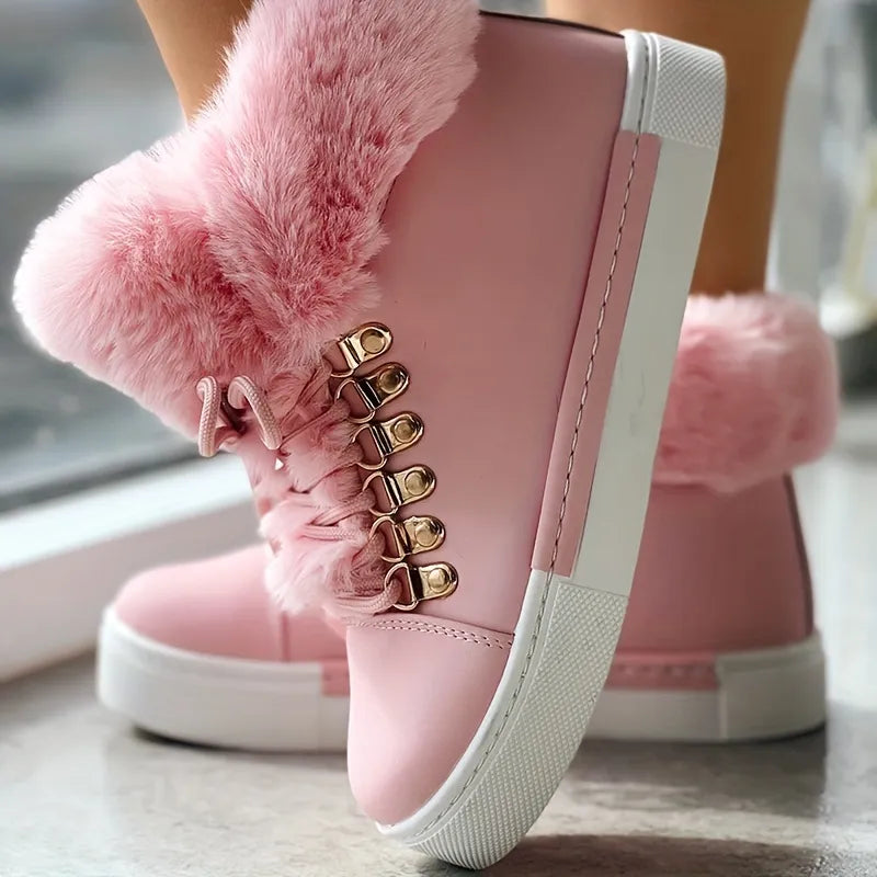 Fuzzy Detail Lined Lace-Up Ankle Boots