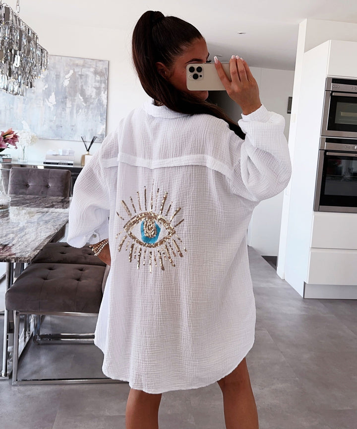 Oversize muslin blouse glitter eye white