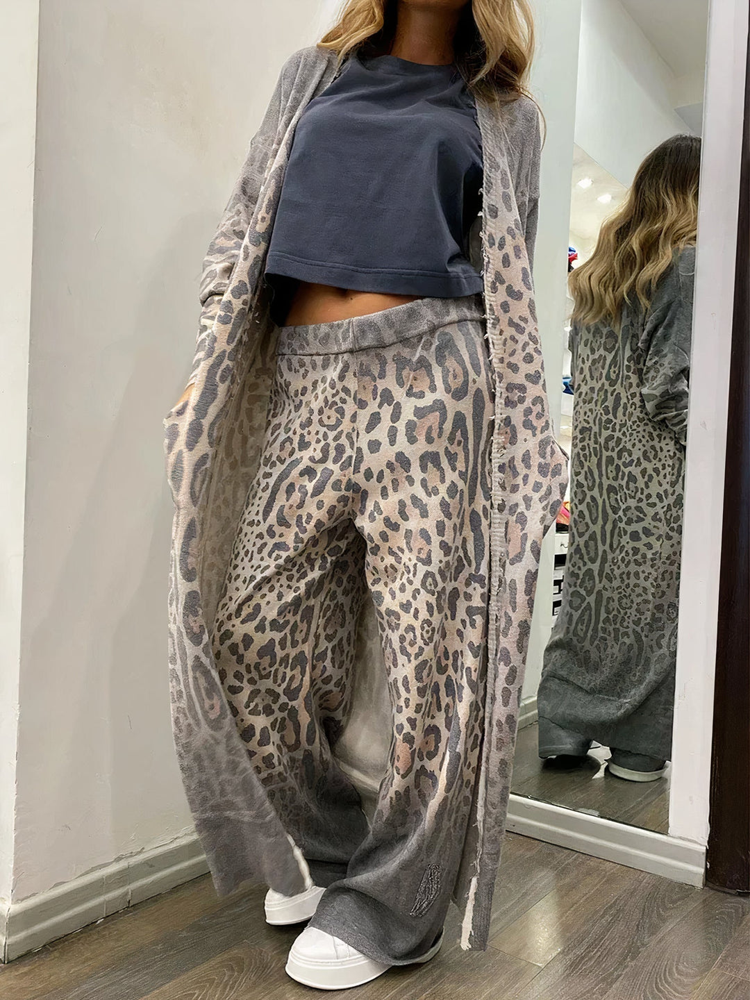 Leopard print cardigan and trousers set